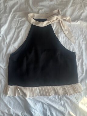 Black Halter Tank with Cream Neck Tie and Hem